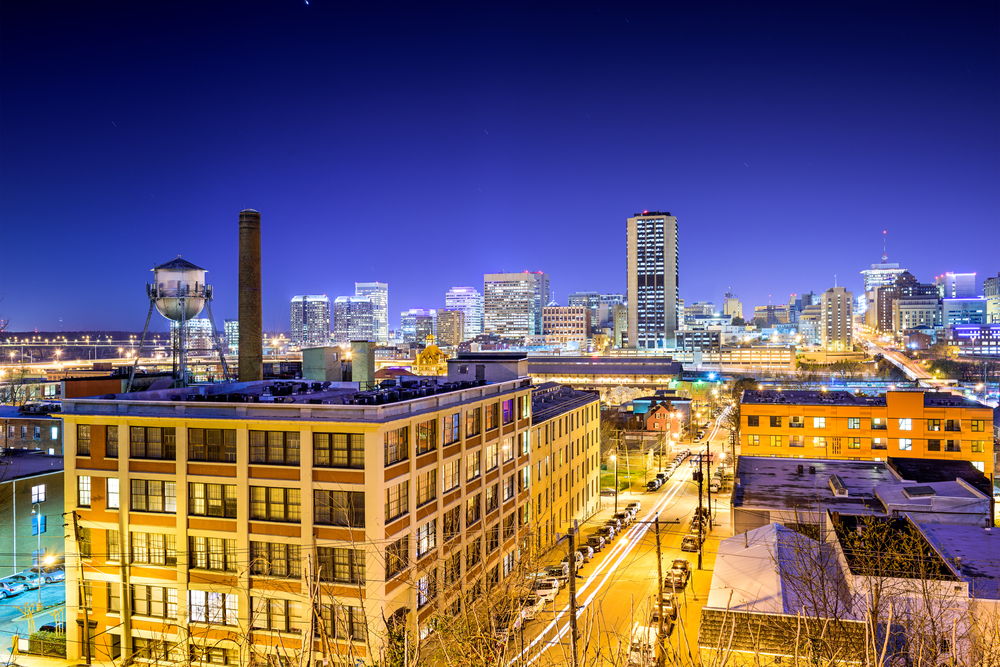 Richmond, Virginia, USA downtown skyline view from Church Hill at night.